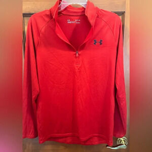 Under Armour loose women’s loose heatgear red quarter zip.  Size med